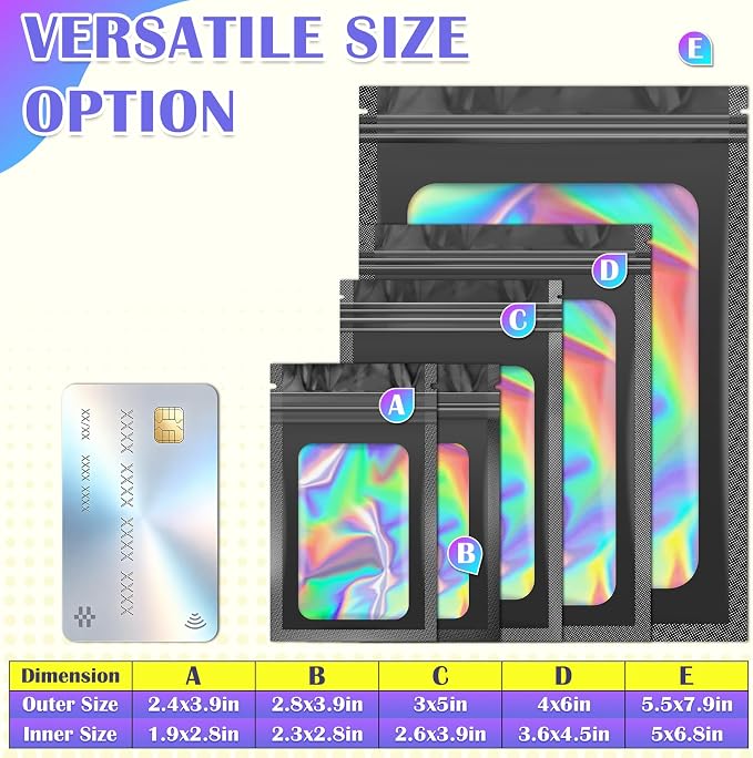 JETMORE 300 Pcs Mylar Bags, Smell Proof Bags Foil Pouch, Holographic Resealable - Image 6