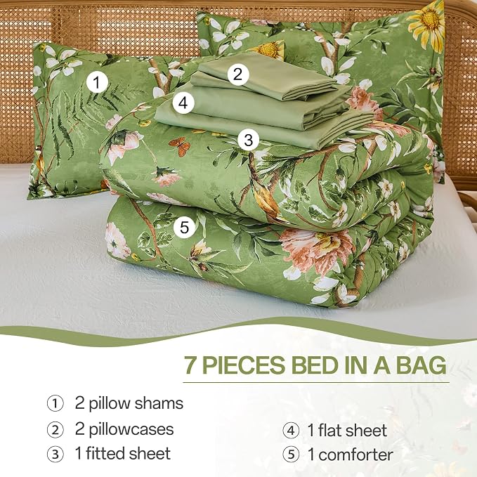 Yiran Sage Green Hibiscus Floral Comforter Set Queen Size, 7 Piece Bird Flowers - Image 9