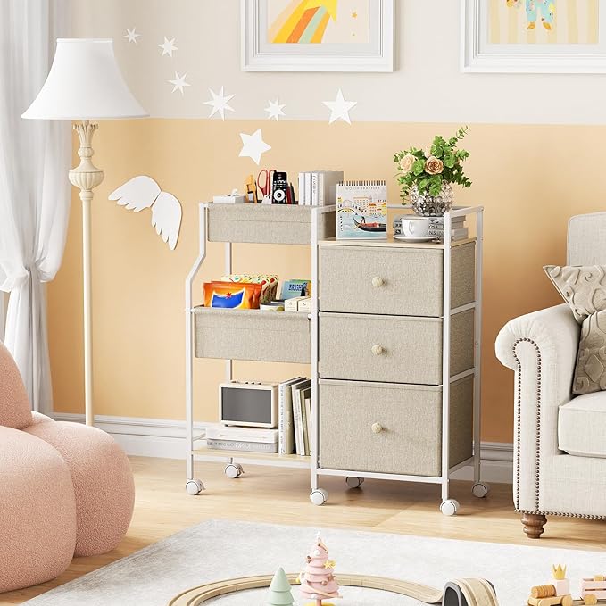 Baby Organizer and Storage - 3 Tier Rolling Cart with Dividers and Drawers, Easy To Assemble, Mobile Utility Cart with Wheels for Nursery, Bedroom, Changing Table & Crib,Off White