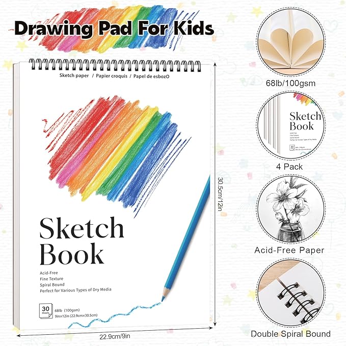 4 Pack Sketch Book, 9 x 12 Inch Sketchbook, 68lb/100gsm Spiral Bound Sketch Pad - Image 2