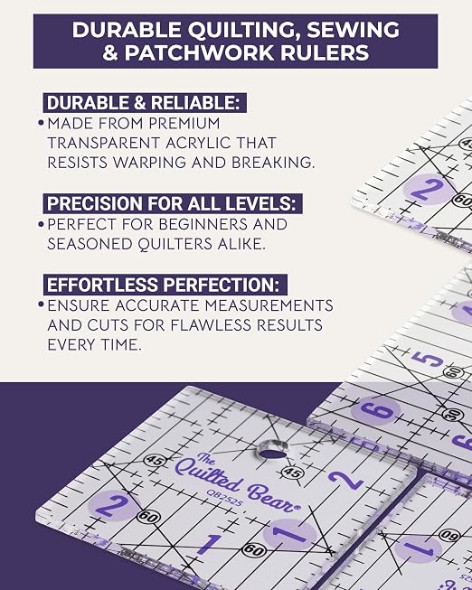 The Quilted Bear Square Quilting Ruler, Transparent Acrylic, 9.5" x 9.5" | - Image 5