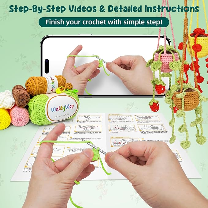 WaldyWop Crochet Kit for Beginners: 3 PCS Hanging Potted Crochet Plants Kits - Image 4