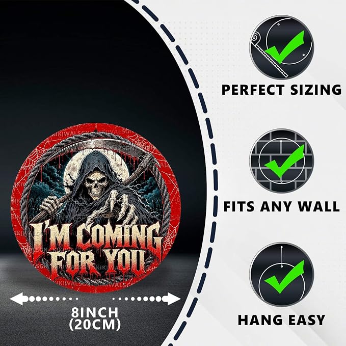 Grim Reaper Halloween Metal Tin Sign Round Wall Decor Blood Moon Scythe Gothic - Image 2