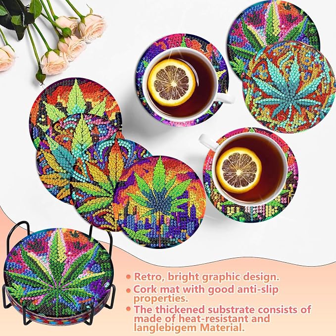 8 PCS Leaves Diamond Art Coasters Kits Diamond Painting Coaster | Diamond - Image 4