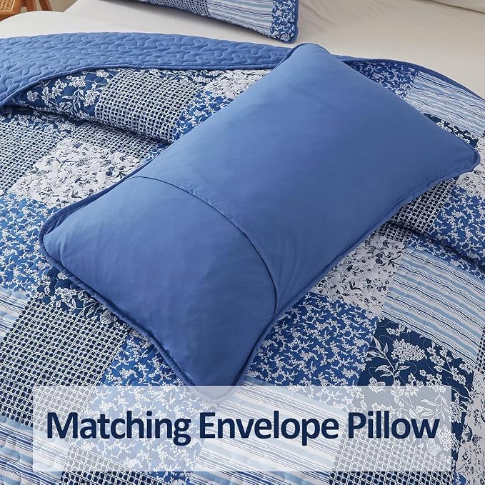 Mybedsoul Blue Quilt Set Full Size, 3 Pieces Plaid Floral Bedspread Set - Image 5