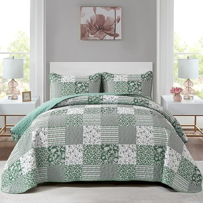 Mybedsoul Green Boho Queen Quilt Set, 3-Piece Reversible Soft Plaid Floral by Mybedsoul