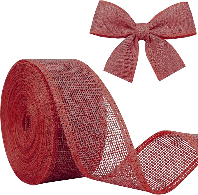 Red Burlap Ribbon 1-1/2 inch X 10 Yard Red Linen Wired Ribbon | Natural Linen by JaoZuyard