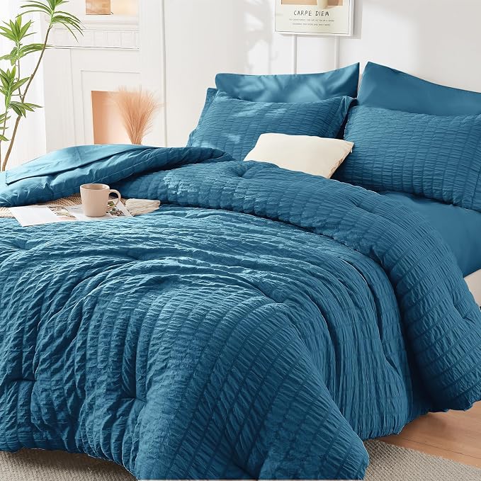 HYMOKEGE Teal Twin Comforter Set Seersucker 5 Pieces, All Season Luxury Bed in by HYMOKEGE