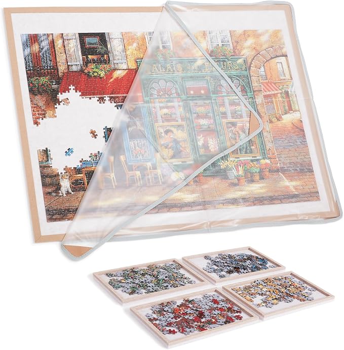 Puzzle Board with 4 Sorting Trays, Playing Surface with Protective Cover by Piecevana