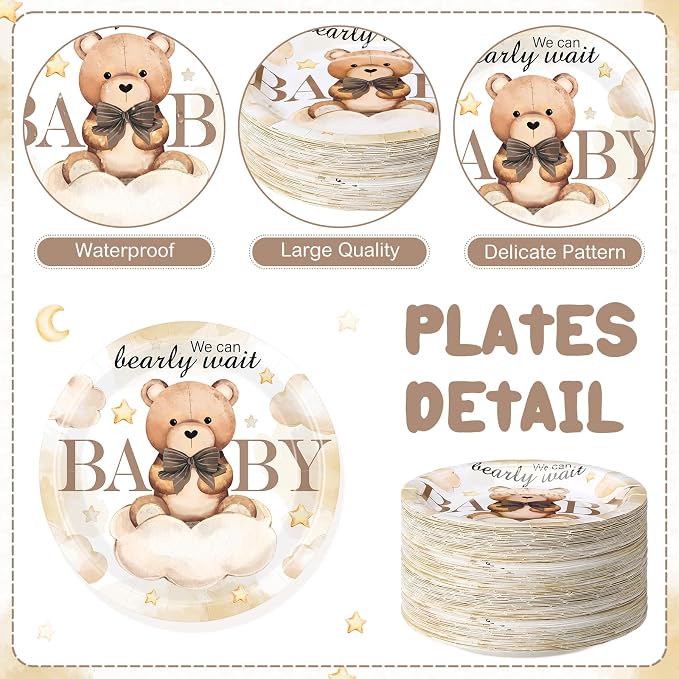 Funnymoom 60 Pcs Bear Baby Shower Decorations 7 Inch Brown Bear Paper Plates We - Image 3