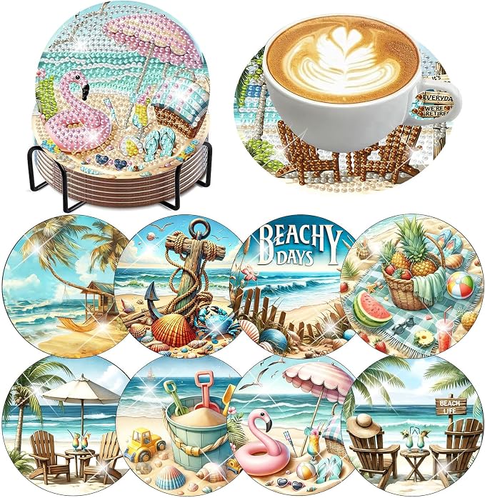 Benjenes 8 PCS Diamond Art Coasters Kits Beach Diamond Painting Coaster | by Benjenes