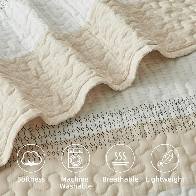 Andency King Size Quilt Set Beige, 3 Pieces Beige Ultra Soft Lightweight - Image 5