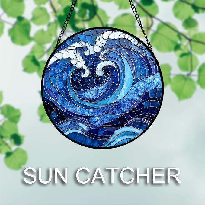 DASTOLL Stained Glass Window Hanging 4 Pcs Set Blue Ocean Waves 6.3" - Image 5
