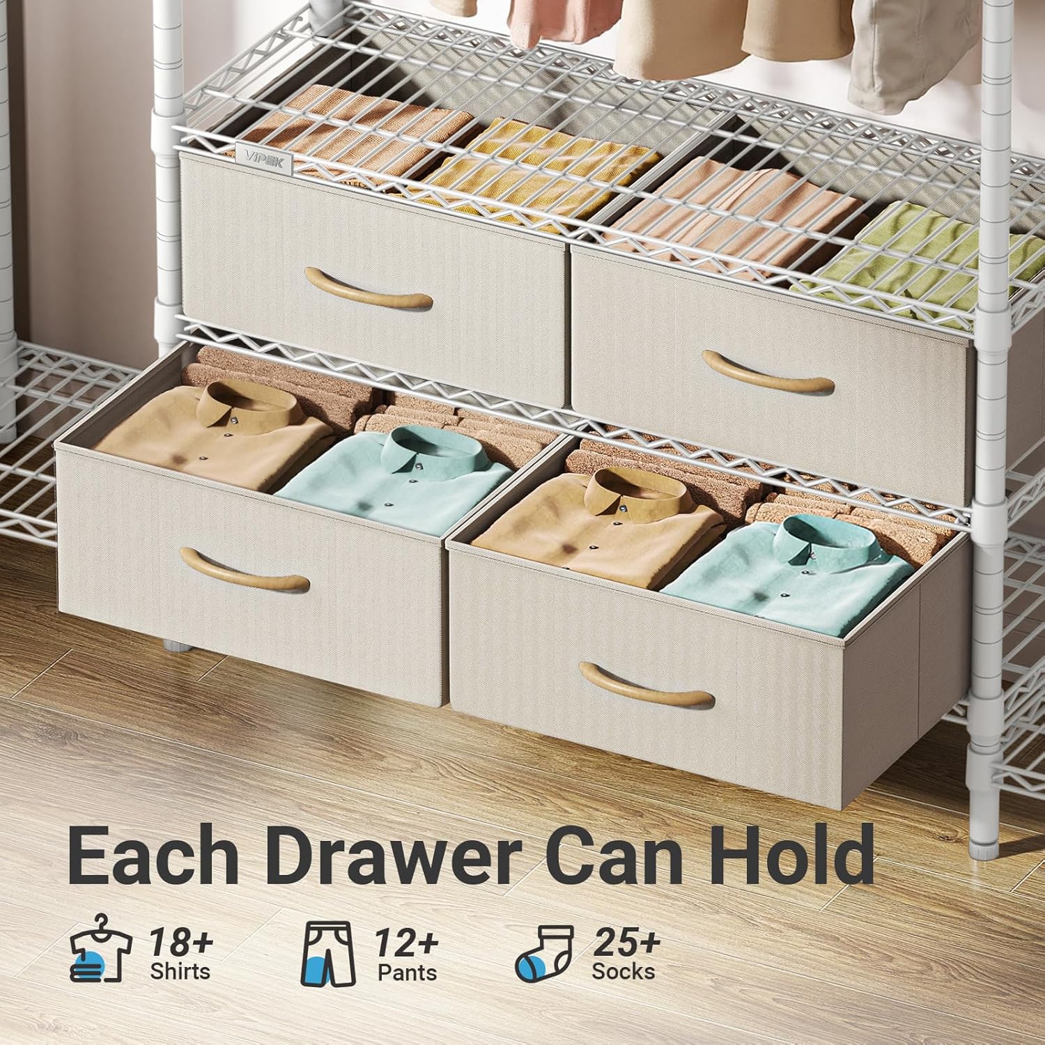 VIPEK V20 Wire Garment Rack Heavy Duty Clothes Rack, Metal Clothing Rack with 6 Shelves, 3 Hang Rods & 4 Fabric Drawers, Compact Freestanding Closet Wardrobe, 56.7" L x 14.6" W x 70.9" H, White