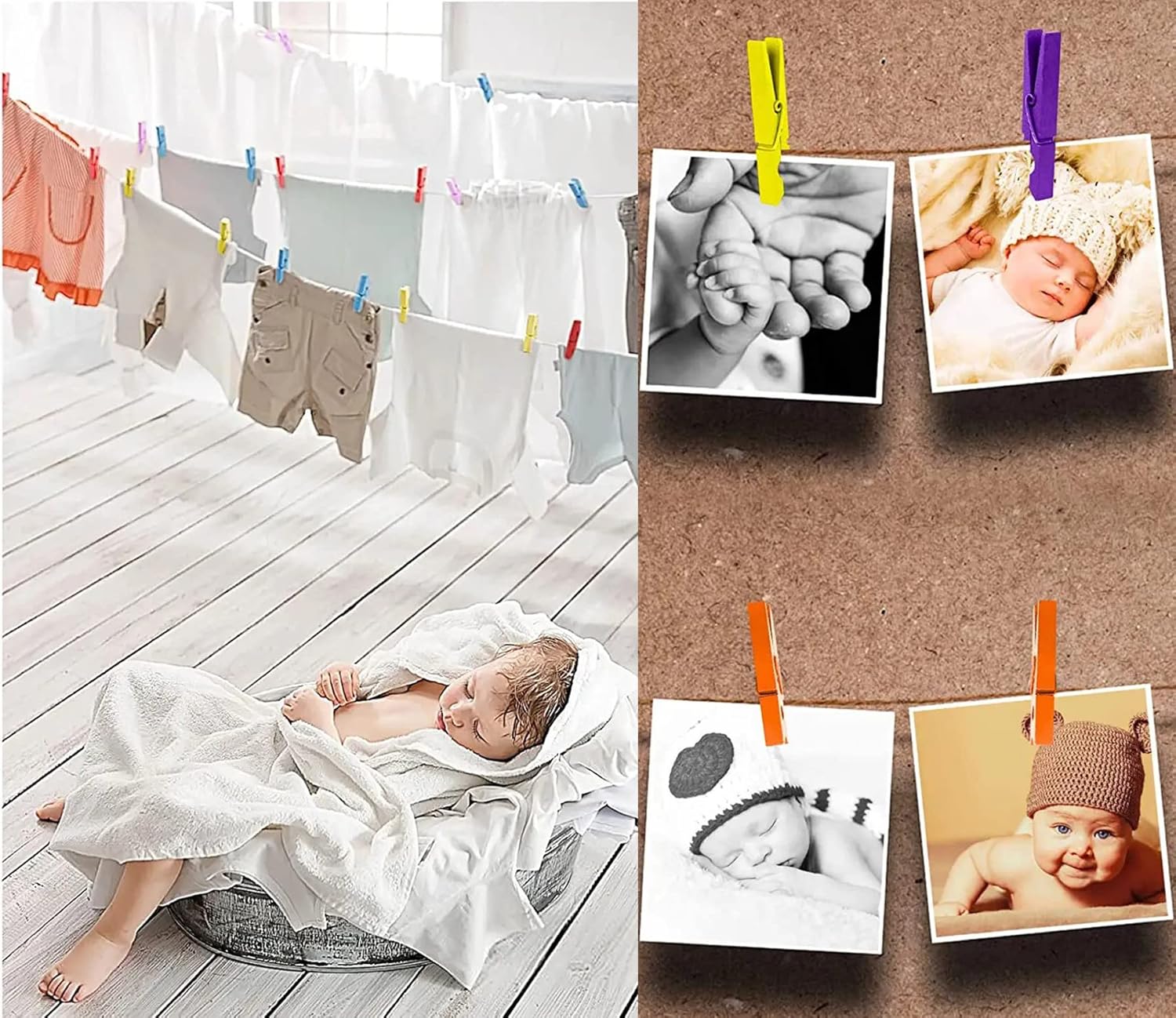 1.9 Inch White Small Clothes Pins Paper Picture School Work Holders Baby Shower Clothing Line Clips with Twine Pack 50
