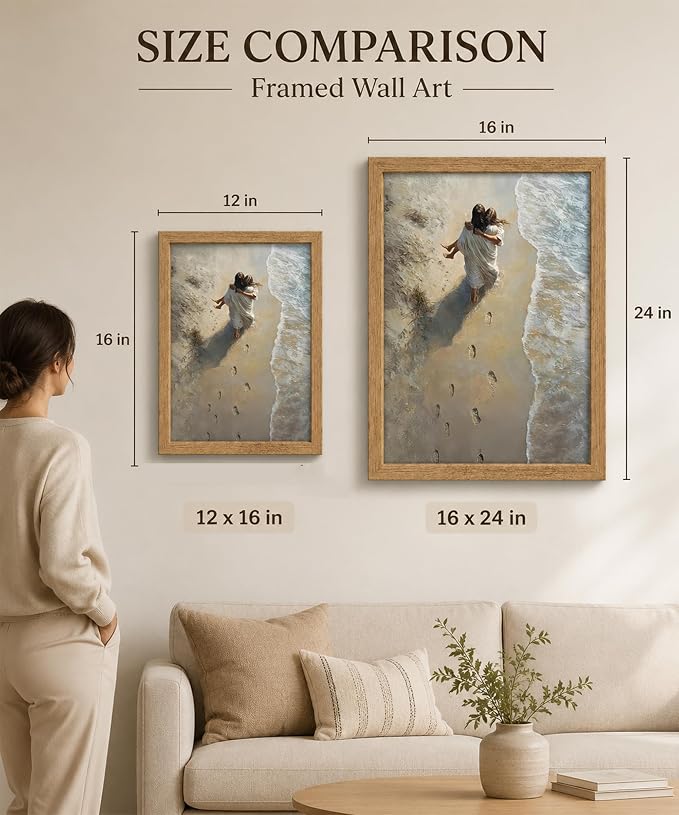 Framed Jesus Holding Woman Canvas Print.Footprints in The Sand Wall Art.Wood - Image 6