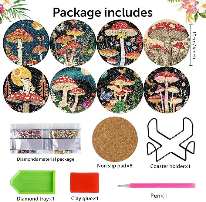 Zythron 8 Pack Diamond Art Coasters, Mushroom Diamond Painting Coasters Kits | - Image 2