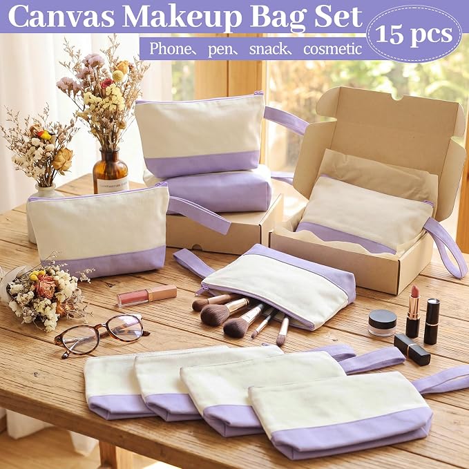 Silkfly 15 Pcs Cotton Canvas Makeup Bags Cosmetic Zipper Bags 10.2 x 5.5 x 2'' - Image 5