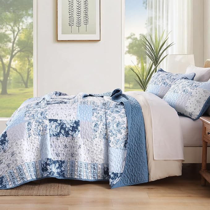 Anibedding Blue Patchwork Quilt Set King Size Boho Floral Plaid Bedspread - Image 3