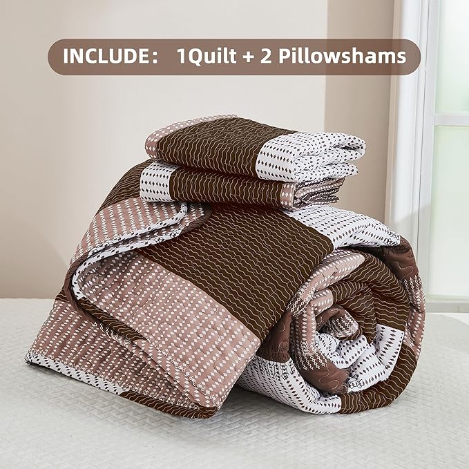 Andency King Size Quilt Set Brown, 3 Pieces Coffee Ultra Soft Lightweight - Image 7