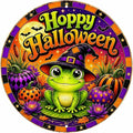 Cute Frog Witch Halloween Metal Tin Sign Round Wall Decor Pumpkin Lotus Moon by Unknown