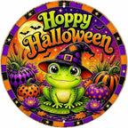 Cute Frog Witch Halloween Metal Tin Sign Round Wall Decor Pumpkin Lotus Moon by Unknown