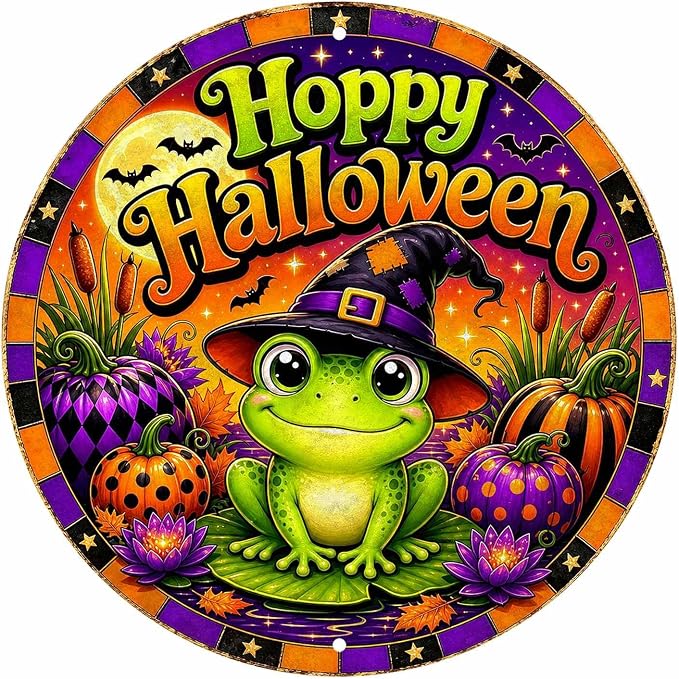 Cute Frog Witch Halloween Metal Tin Sign Round Wall Decor Pumpkin Lotus Moon by Unknown