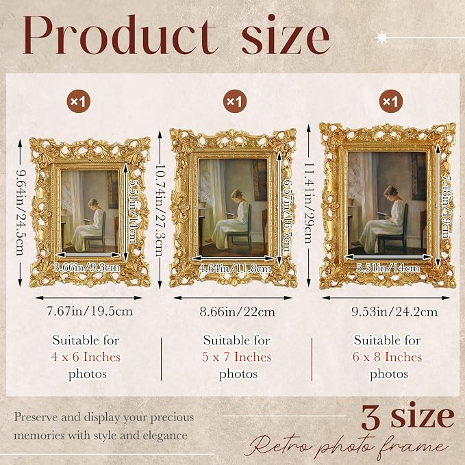 Wonderjune 3 Pcs Vintage Picture Frames Antique Set Baroque Ornate Gold Arched - Image 2