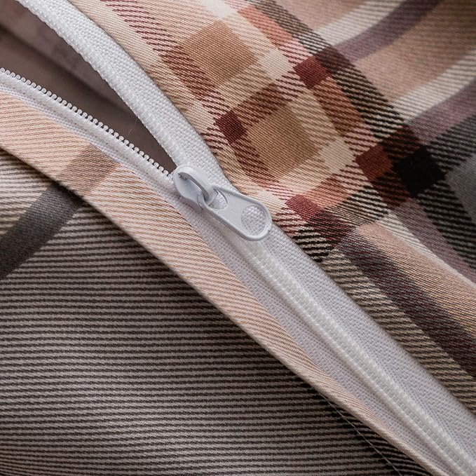 SUSYBAO Brown Tartan Duvet Covr King 100% Cotton 3 Pcs Set 1 Khaki Buffalo - Image 5