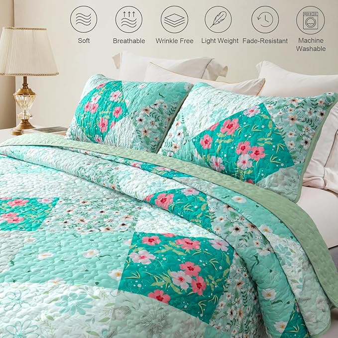Whale Flotilla Patchwork Quilt King Size, Extra Soft Boho Floral Bedspreads - Image 3