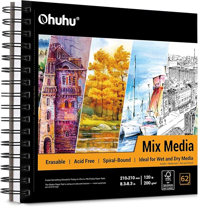 Ohuhu Mix Media Pad, 8.3" x 8.3" Mixed Media Art Sketchbook, 120 LB/200 GSM by Ohuhu