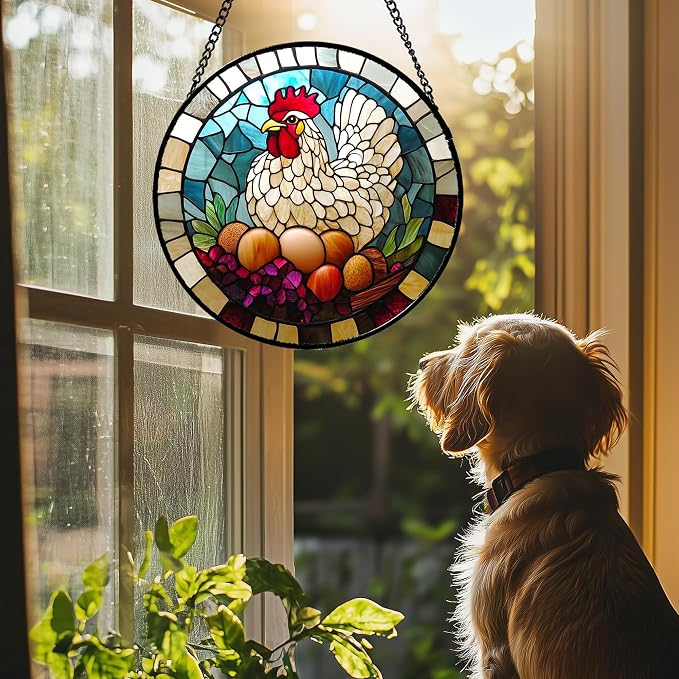 DASTOLL Stained Glass Window Hanging White Chicken Hatching Eggs 9.8" - Image 2