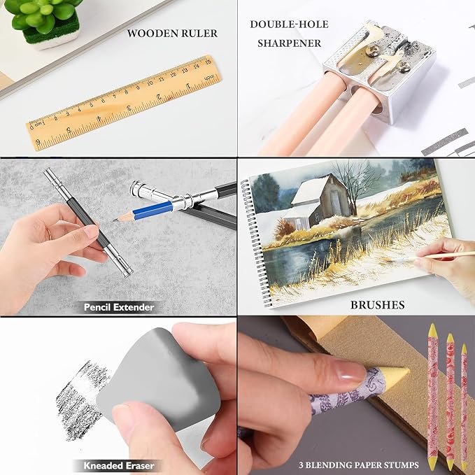 100 Art Supplies Drawing Kit Pro Drawing Supplies Set has 3-Color Sketchbook - Image 8