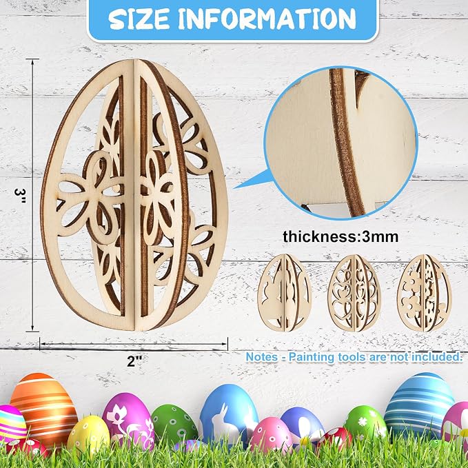 COCHIE DIY 3D Easter Eggs Wood Crafts to Paint, Paintable Unfinished Wooden - Image 2