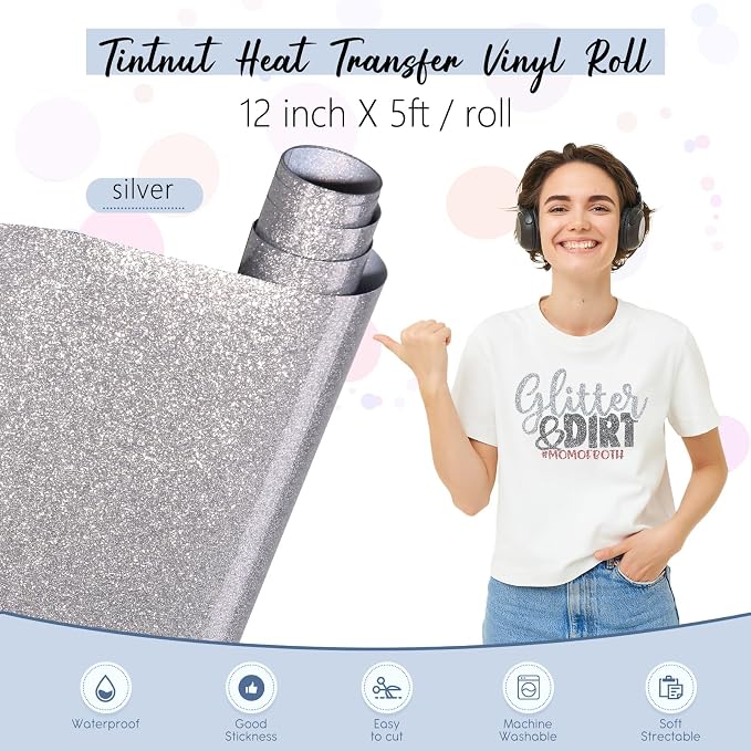 Tintnut Silver Glitter Heat Transfer Vinyl Roll, easy cut & weed, stretch - Image 2