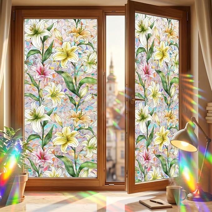 Lily Stained Glass Window Film Privacy, Rainbow Window Film Decorative Static by Unknown