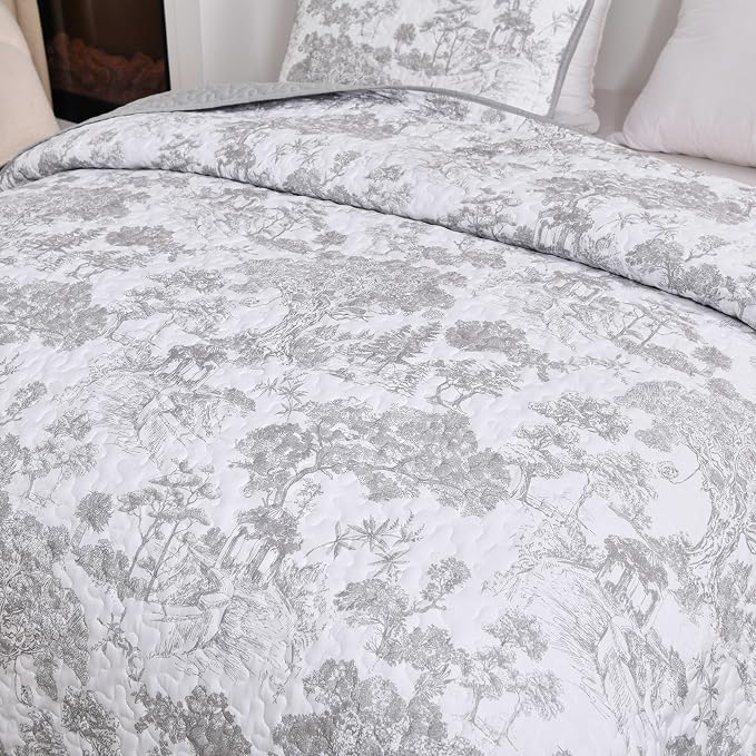WONGS BEDDING Grey Quilt Set Full Size, 3 Pieces Botanical Bedspreads Set - Image 6