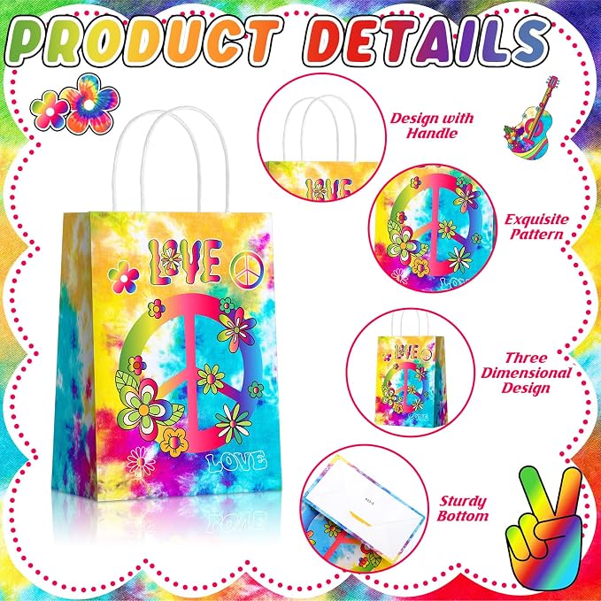 Kolldenn 24 Pcs Tie Dye Party Favor Bags Hippie Goodie Gift Paper Bags - Image 4
