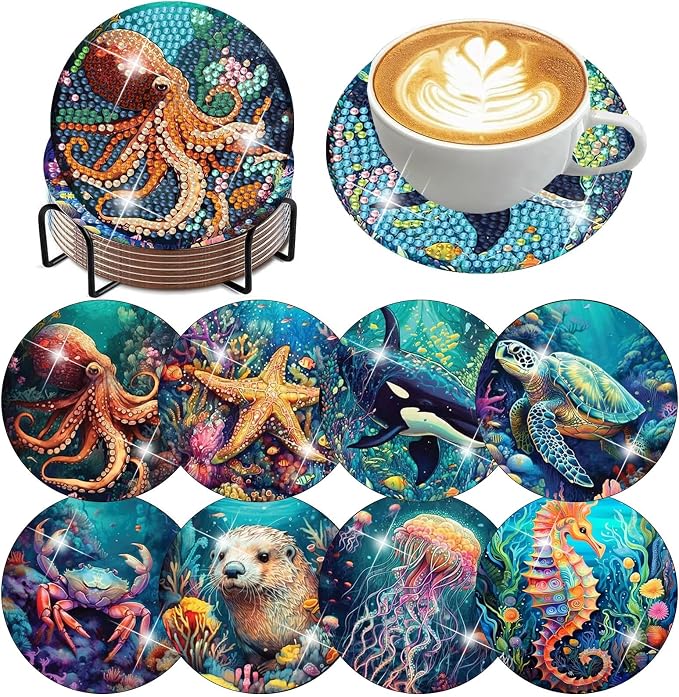 8 Pack Diamond Art Coasters, Ocean animal Diamond Painting Coasters Kits | by Zythron