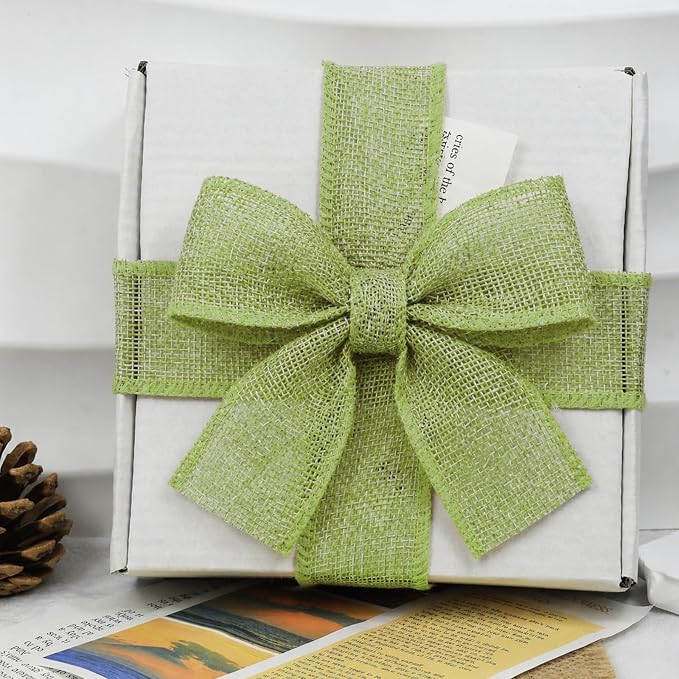 Sage Green Burlap Ribbon 1-1/2 inch X 10 Yard Green Wired Ribbon | Natural - Image 5
