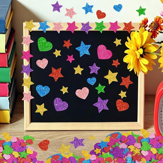 987 Pcs Glitter Foam Stickers, Heart & Star Shapes Stickers, 7 Sheets Colorful - Image 7