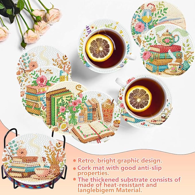 Benjenes 8 PCS Diamond Art Coasters Kits Book Diamond Painting Coaster | - Image 5