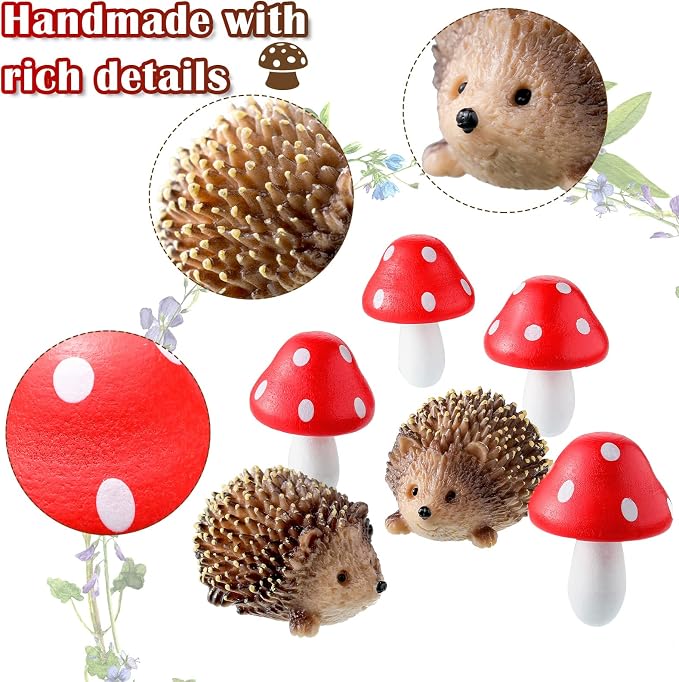 Queekay Resin Hedgehogs & Wood Mushroom Sculpture, Fairy Wild Garden Supplies - Image 3