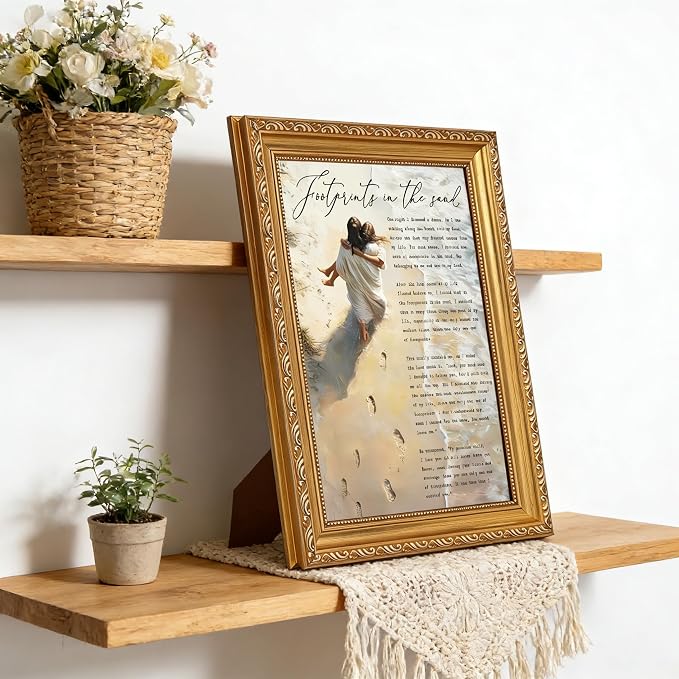 Vintage Gold Framed Jesus Wall Art Footprints in the Sand Christian Canvas - Image 6