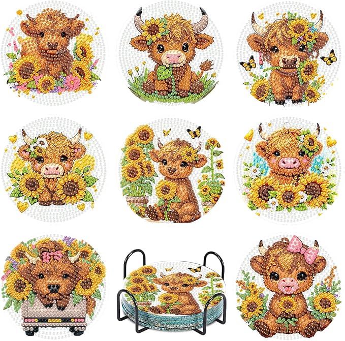 8 Pcs Cow Diamond Painting Coasters by Fotasmua