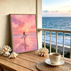 Framed Pink Sunset Surfer Girl Canvas Wall Art Soft Pastel Beach Seascape - Image 2