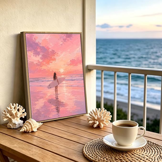Framed Pink Sunset Surfer Girl Canvas Wall Art Soft Pastel Beach Seascape - Image 2