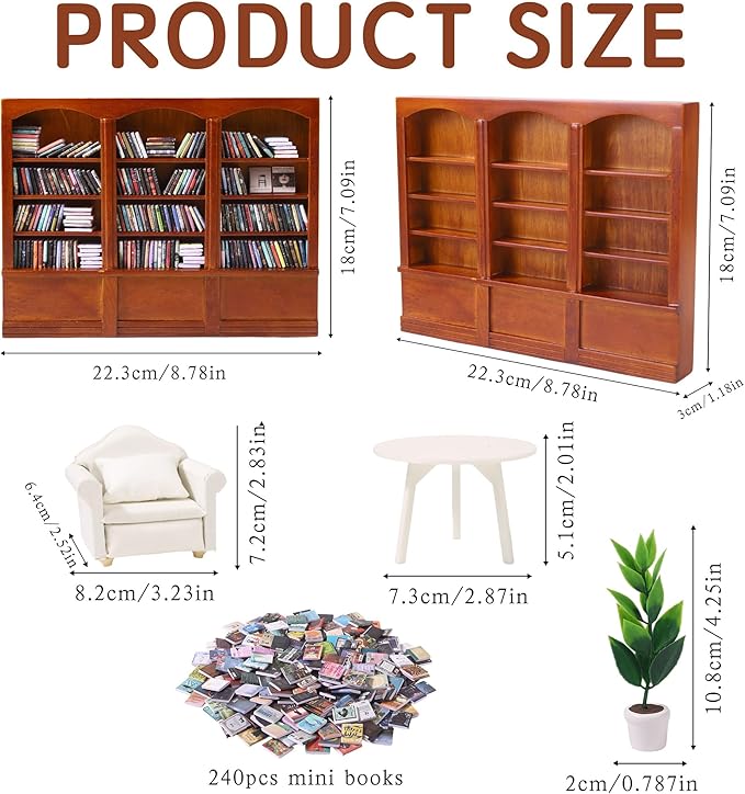 DIYDEC Mini Bookshelf with 240pcs Mini Books Sofa Desk Plant Miniature Anxiety - Image 2