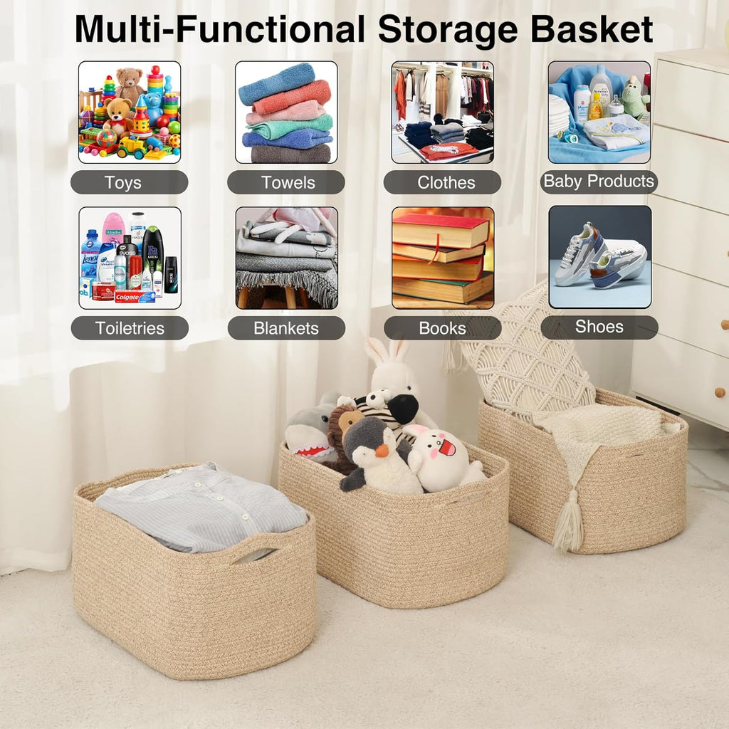 Large Storage Baskets for Organizing Shelves, Woven Cotton Rope Bins for Baby Nursery Organization, Book Toy Towel Organizer, 17"x13"x9.5", 3 Packs, Brown