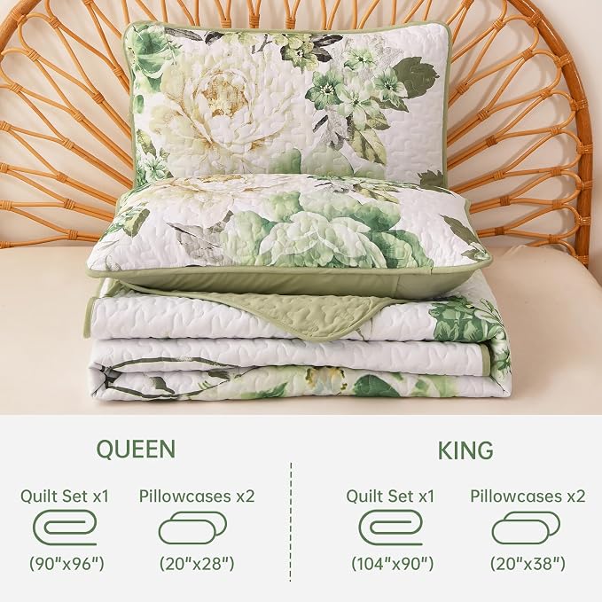 WONGS BEDDING Floral Quilt Set Green Queen, Quilted Printed Lightweight - Image 7